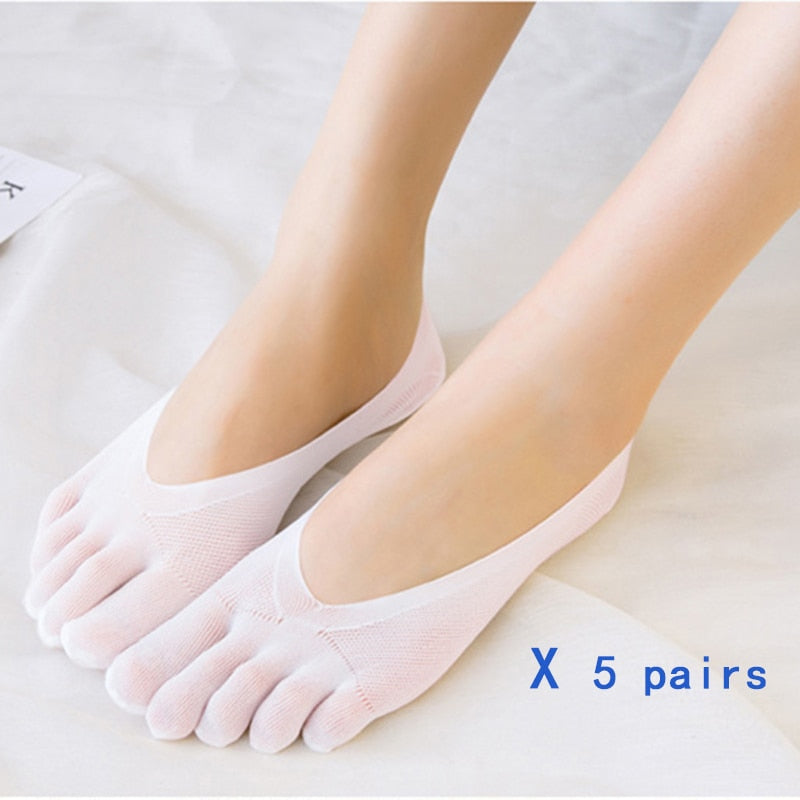 5 Pairs Five Finger Boat Socks Women Spring Summer Thin Plain Weave Shallow Mouth Velvet Ice Silk Sweat Absorbent Toe Socks