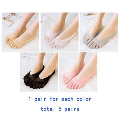 5 Pairs Five Finger Boat Socks Women Spring Summer Thin Plain Weave Shallow Mouth Velvet Ice Silk Sweat Absorbent Toe Socks