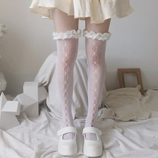 Lolita White Lace Stocking Women Mesh High Knee Frilly Socks Girls JK Transparent Thin Long Stockings Leg Dress Calcetine Medias