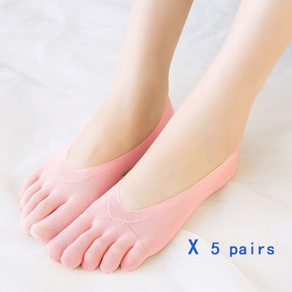 5 Pairs Five Finger Boat Socks Women Spring Summer Thin Plain Weave Shallow Mouth Velvet Ice Silk Sweat Absorbent Toe Socks