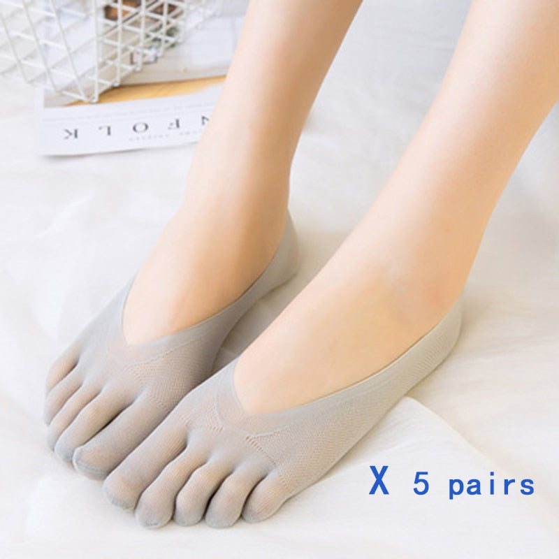 5 Pairs Five Finger Boat Socks Women Spring Summer Thin Plain Weave Shallow Mouth Velvet Ice Silk Sweat Absorbent Toe Socks